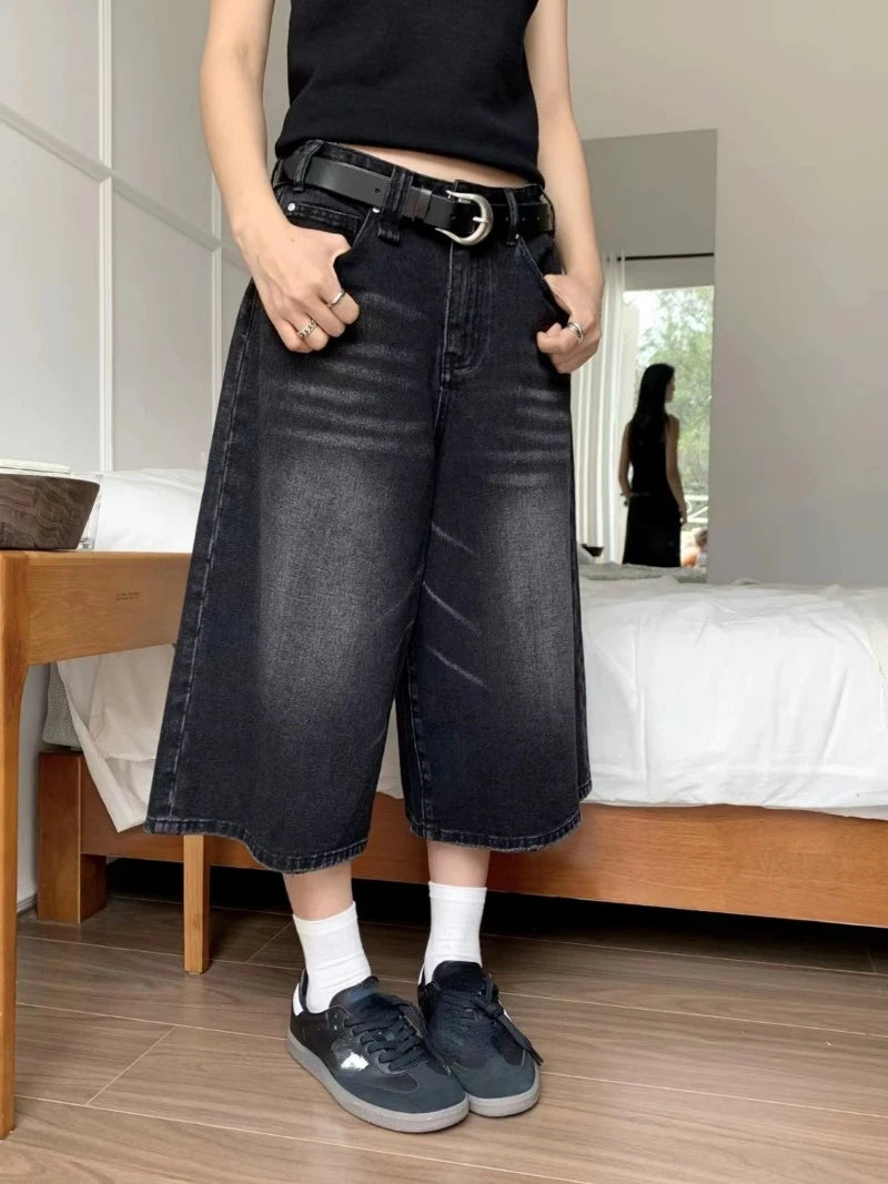 Retro Women Brushed Black Wash Cropped Baggy Jeans