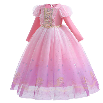 Girl Rapunzel Costume Tangled Long Sleeve Princess Dress Children Luxury Print Ball Gown Lace Sequin Gradient Fluffy Frocks
