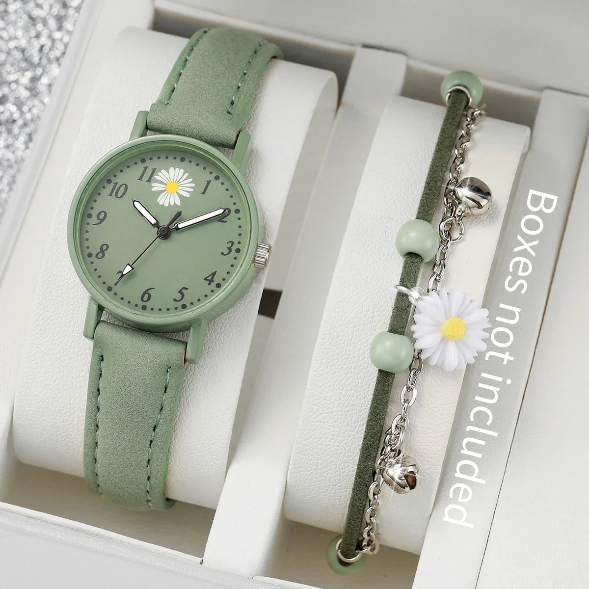 2PCS/Set Fashion Flower Women's Watch Casual Arabic Dial Leather Band Quartz Watches Bracelet Set