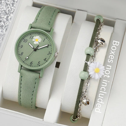 2PCS/Set Fashion Flower Women's Watch Casual Arabic Dial Leather Band Quartz Watches Bracelet Set