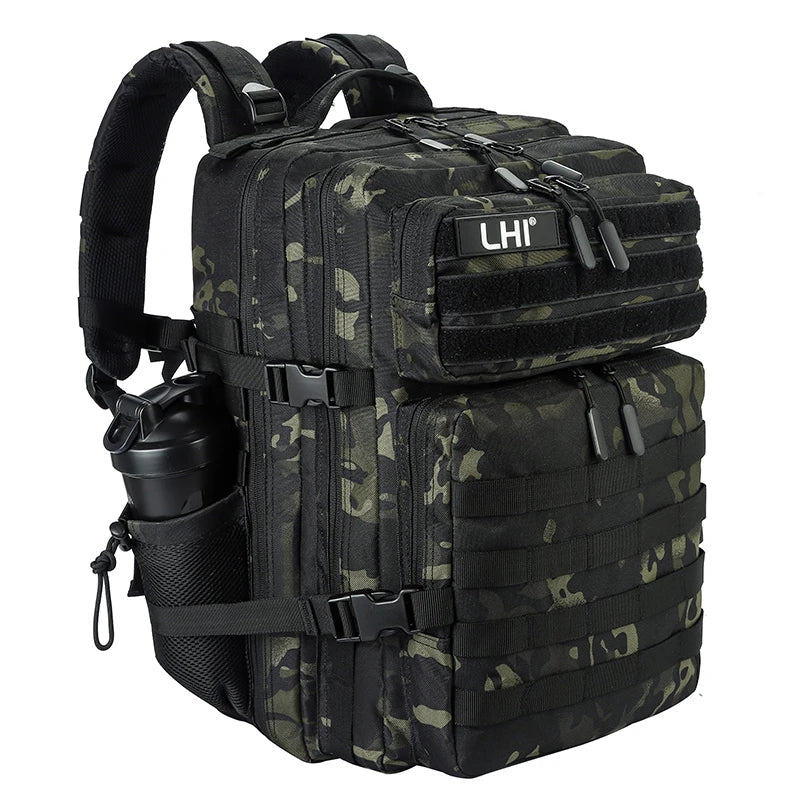 LHI 45L Tactical Backpack for Men and Women Large Athlete Gym Bag Outdoor Sports Hiking Survival Rucksack with Bottle Holder