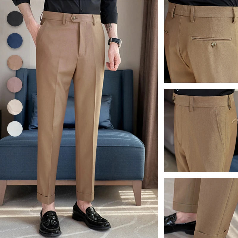 Men's Slim Fit Tapered Dress Pants Apricot Pearlescent Texture Business Casual Suit