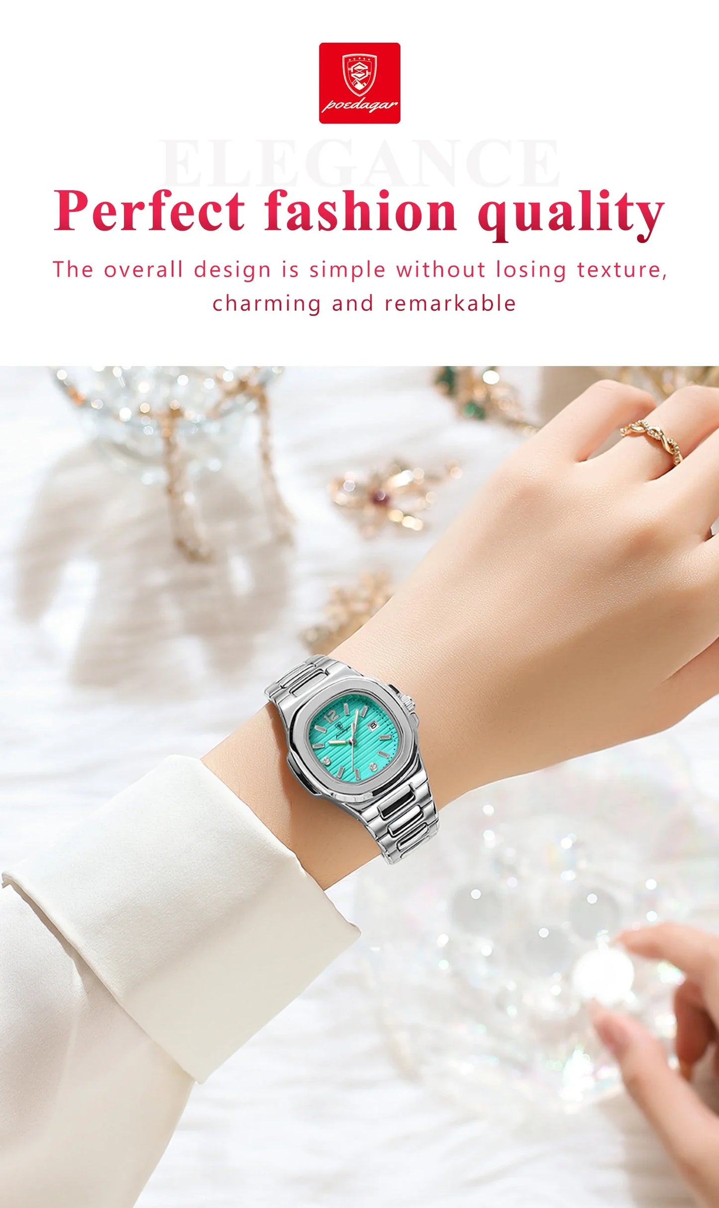 POEDAGAR Square Luxury Ladies Wristwatch Luminous Waterproof Stainless Steel Date Watch For Woman Fashion Quartz Women's Watches