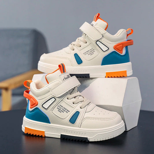 Fashion Kids Sneakers Casual Shoes Boys High Top Leather Waterproof Board Shoe