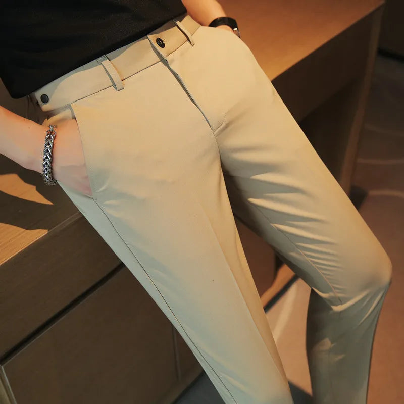 Men's Formal Trousers Belt Design Man Dress Pants Simple Slim Fit