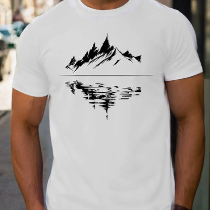 Men's summer 100 pure cotton fashionable casual loose fit plus mountain reflection printed round neck short sleeved T-shirt top