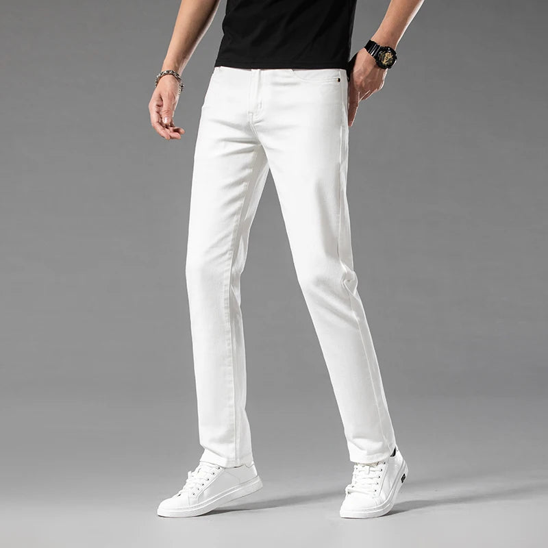 Classic Style Summer Men's Slim Fit White Jeans High Quality Business Fashion Cotton
