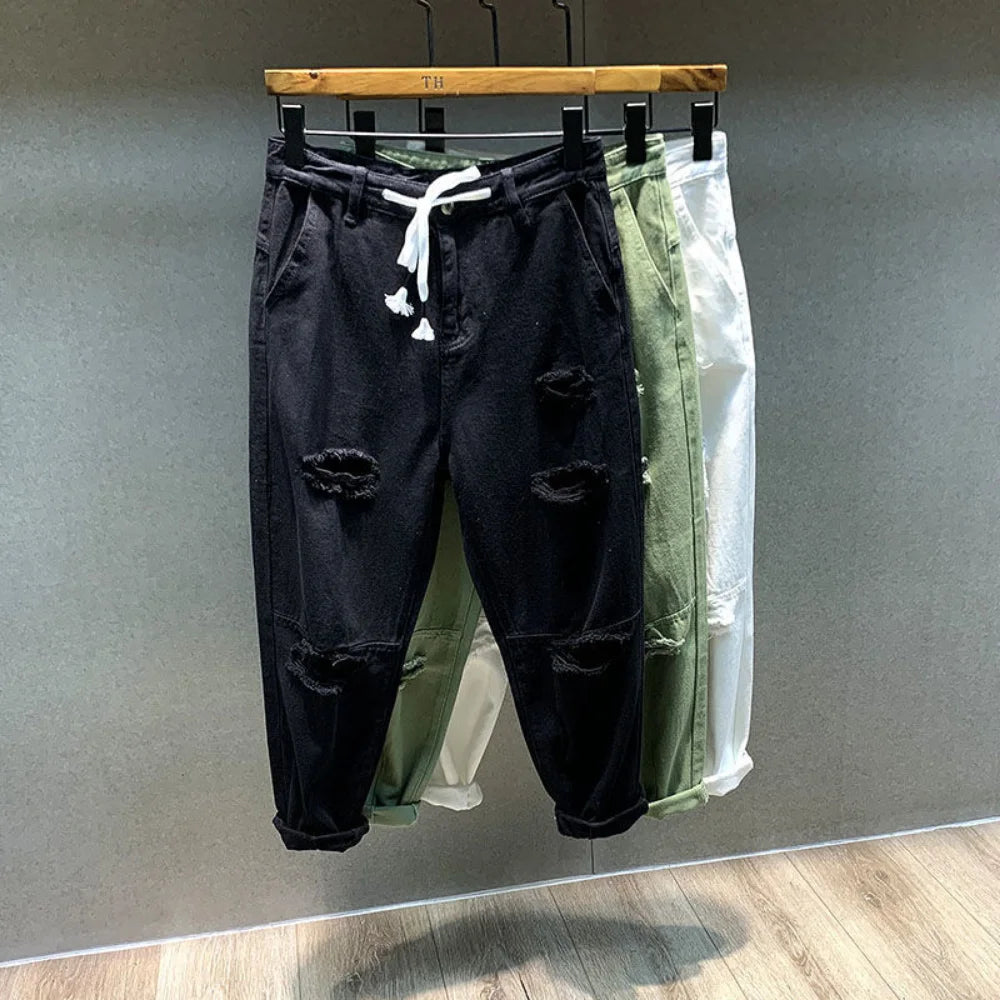 Streetwear Fashion Black Ripped Skinny Jeans Men Slim Hip Hop Denim Trousers