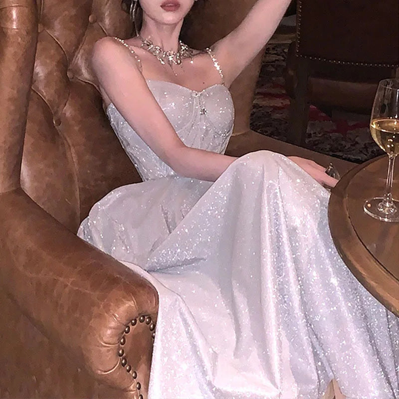 Homecoming Dresses: Silver Gray Suspender Evening Dress Women