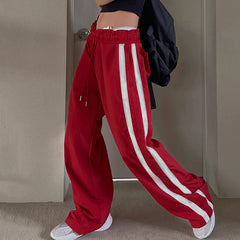 American Contrasting Vintage Drawstring Sweatpants Fashion Straps Straight Wide