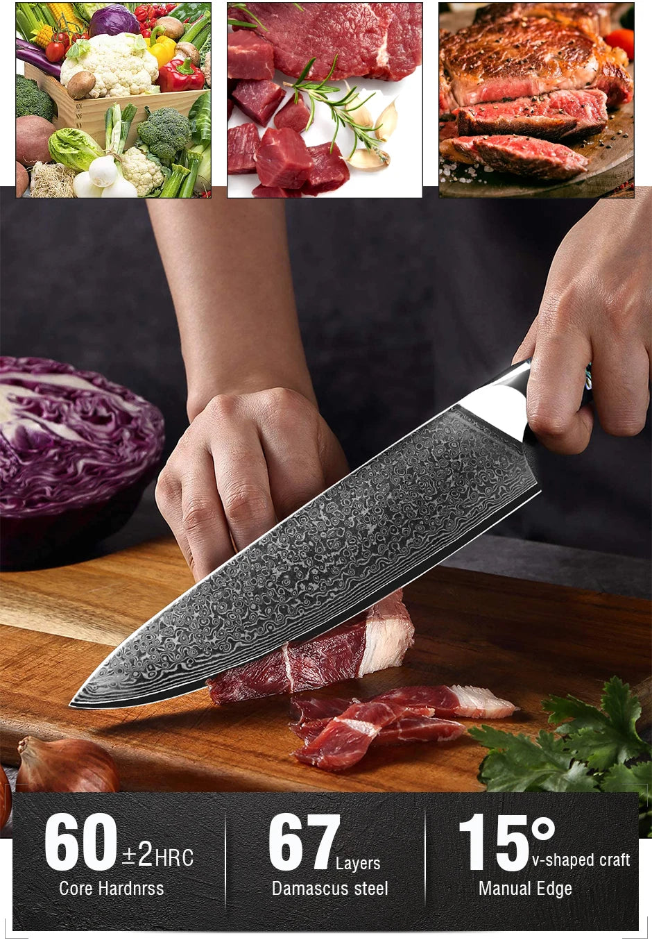 Damascus Knife Chef Knife Japanes VG10 67 Layer Steel Cleaver Paring Bread Knife