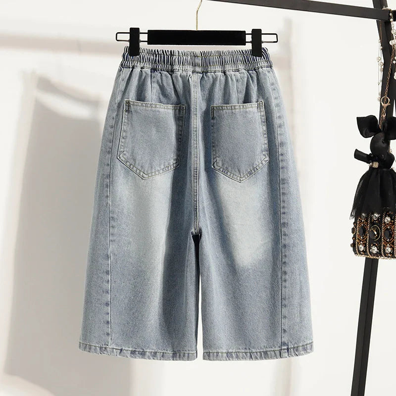 Casual Plus Size Denim Shorts Woman Boyfriend Loose Wide Leg Jeans Short Pants Midi Bermudas Elastic High Waisted Shorts Women