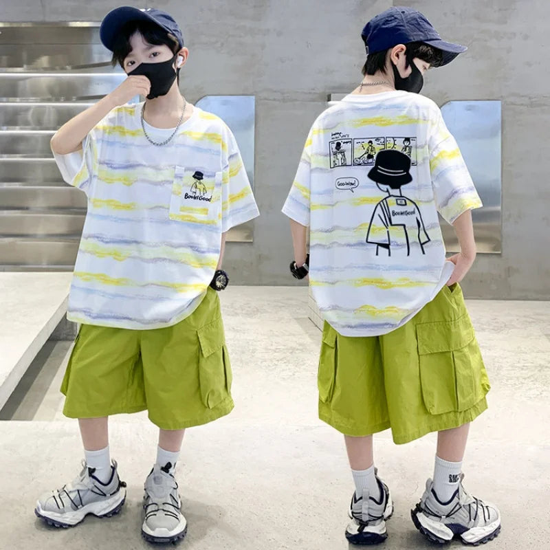 2025 Summer Boys' 2-Piece Set: Tie-Dye Striped Short Sleeve with Cartoon Back Graphic & Matching Shorts - 2 Color Options