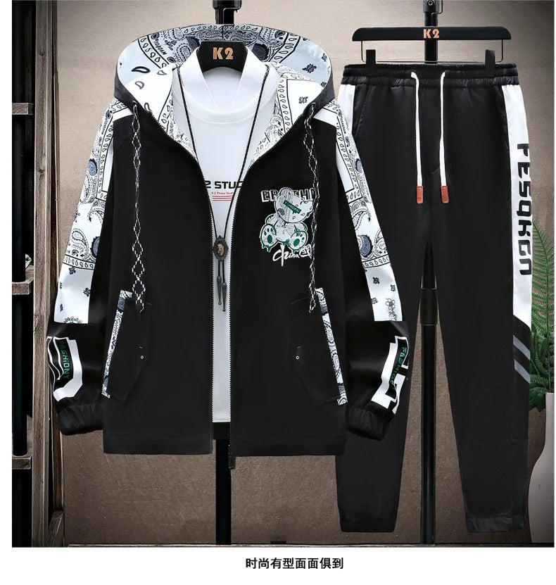 Spring Men Sportswear Tracksuit 2 Piece Running Sets Sports Hooded Jacket+Pant Sweatsuit Male Print Clothing Streetwear