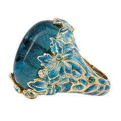 Gold Color Carving Enamel Flower Rings for Women Creativity Inlaid Blue Stone