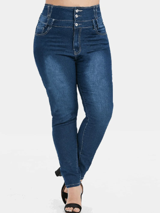 Plus Size Jeans For Women High Wasited Denim Pants  for Big Curve Style Button Front