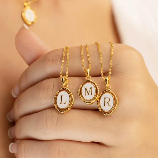 A-Z Letter Initial Enamel Necklace For Women Gold Color Stainless Steel Chain Pendant