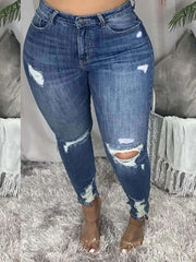 LW Plus Size High-waisted Ripped Jeans Zipper Fly L-5XL Street Solid Color Women Fashion Pants