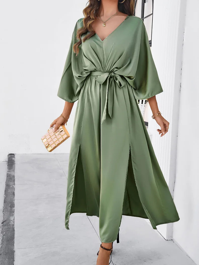 Elegant V-neck Loose Dress for Women Wedding Party Dress Up Long Solid Office Lady Outfit Outfit 2024 Spring Summer Streetwear