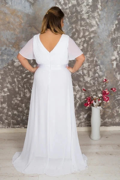 Chiffon Dresses For Prom Dress In Pristine Floor-length Short Sleeves White V-neckline And Sweeping A-line Skirt Zip-up Back