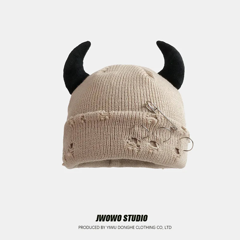 Unisex Knitted Beanie With Devil Horns Halloween Distressed Skull Cap Hip Hop Winter Warm Yarn Hat For Men Women