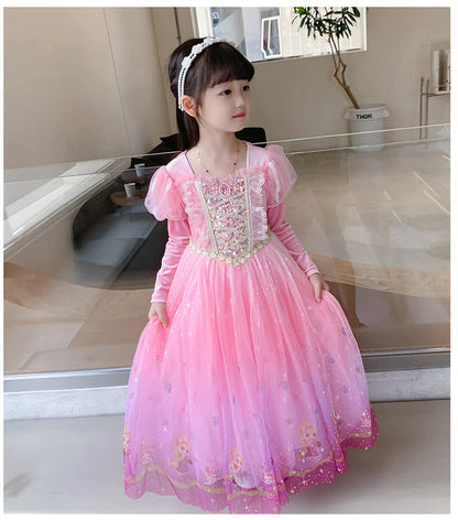 Girl Rapunzel Costume Tangled Long Sleeve Princess Dress Children Luxury Print Ball Gown Lace Sequin Gradient Fluffy Frocks