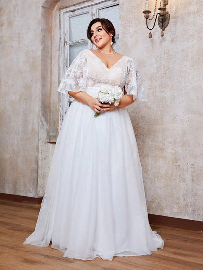 Mgiacy plus size V-neck lace color contrast sleeve splicing white mesh train big swing wedding dress Evening gown PROM dress