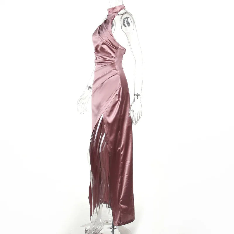 Womens Elegant Long Formal Evening Cocktail Party Dress Sexy High Split Ruched Bodycon Wedding Guest Bridemaid Maxi Dress