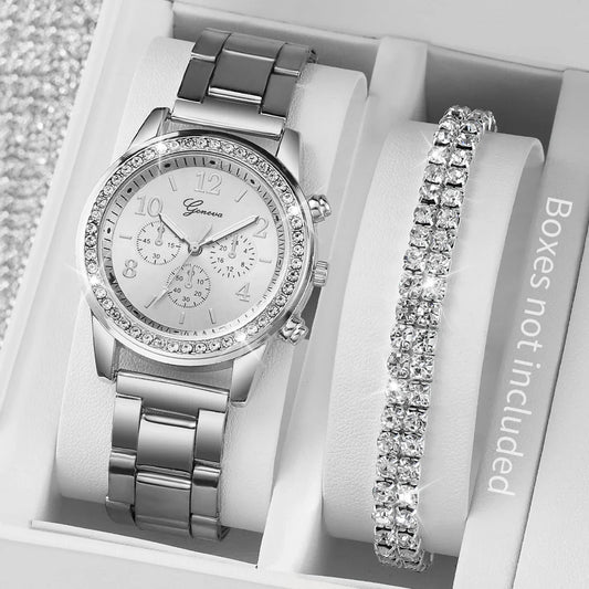 Fashion Women Stainless Steel  Silver Color Quartz Watch with Diamond Bracelet