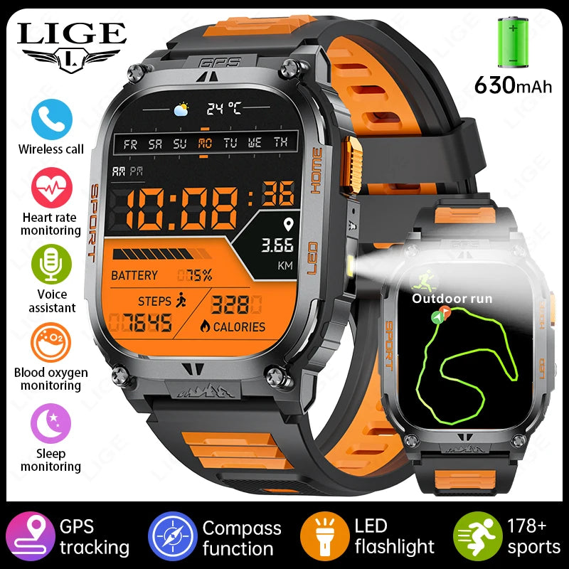 2025 New GPS Tracker Smart Watch Men LED Flashlight 1.96'' HD Screen Compass Watches Bluetooth Call Waterproof Sports Smartwatch