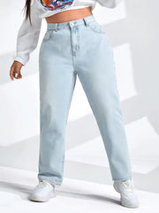 Plus Size Tapered Women Jeans High Waist Light Bule Washing Full Length Jeans