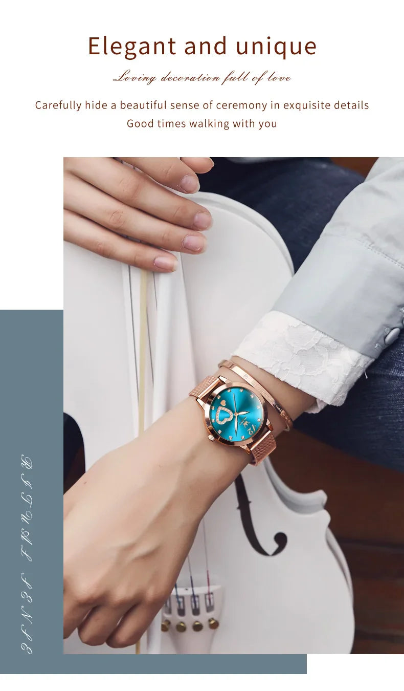 OLEVS 5189 Women's Watch Quartz Wristwatch Casual Fashion Watch for Ladies Waterproof Luminous Mesh Belt Love Dial Zircon Scale