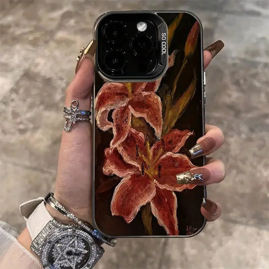 Oil Painting Lily Flower Retro Pattern Phone Case For iPhone 16 15 14 17 Air Pro Max 16E 13 12 11 7 8 SE 2022 Shockproof Cover