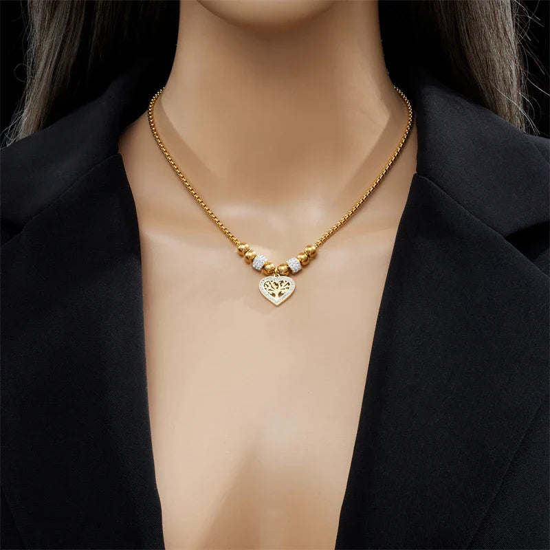 DIEYURO 316L Stainless Steel Heart-Shaped Tree Pendant Necklace For Women New Fashion Beads Choker Chains Jewelry Gift Party