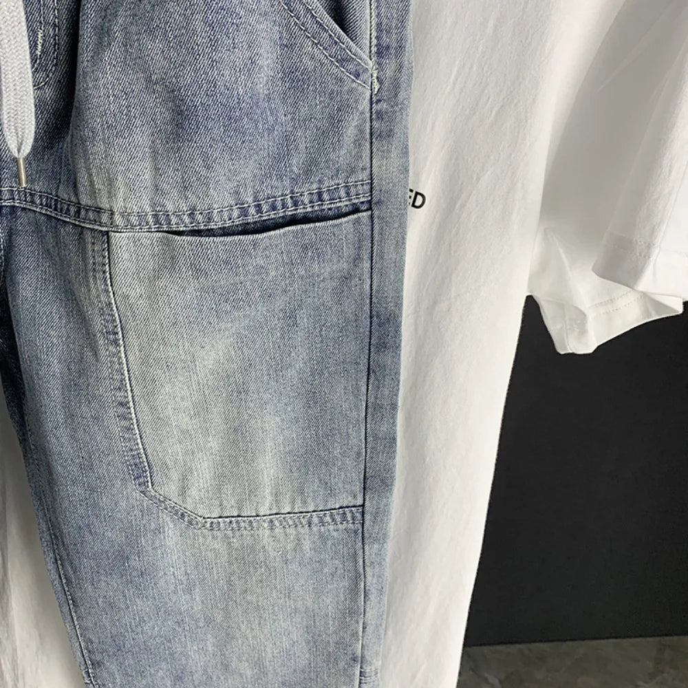 Harem Jeans Men Vintage Washed Light Blue Denim Trousers Hip Hop Loose