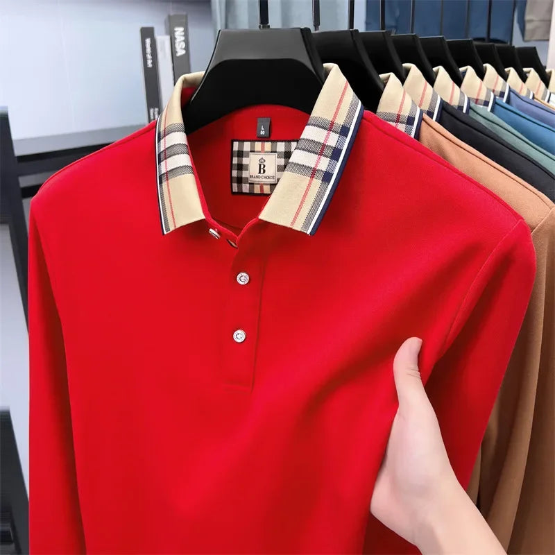 Men's Plaid Long Sleeve Polo Shirt Autumn Winter Casual Office Outdoor Fashion Top Commercial Collar Trendy Men's Clothing