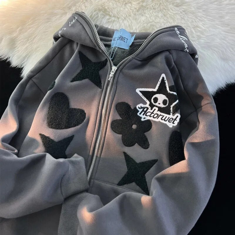 Women Retro Embroidery Hoodies Autumn Winter Zip Up Long Sleeve Loose Jacket Coats