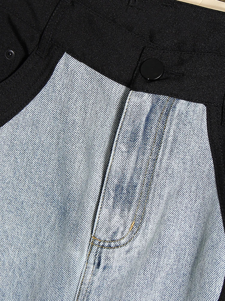 High Waist Blue Denim Long Color-block Wave Wide Leg Jeans Loose Women Trousers