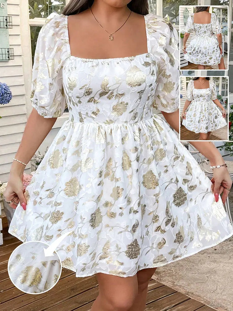 New French Elegant Square Neck Gold Digital Print Plus Size Dress Short Lantern Sleeve Mini Skirt Party Wedding Guest Dresses