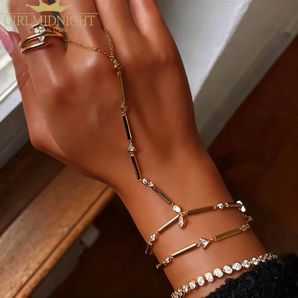 High Quality Long Tassel With Slippy Bar Bling Round Oval Triangle CZ Setting Women Unique Bracelet Wrap One's Finger Jewelry