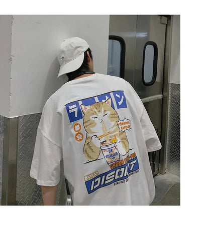 Harajuku Cat Cartoon Eating Noodles Graphic Men Women Tshirts Casual Short Sleeve Tees Japan Style Oversized T Shirt Clothing