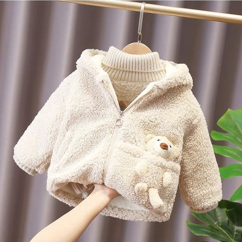 Baby Boy Jacket Winter Thicken Warm Hooded Children's Outerwear Cute Bear Plush Coat