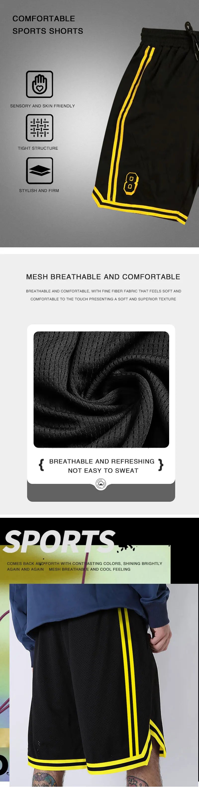 New Summer Men's Shorts Black And Yellow Patchwork No.8 And 24 Basketball Pants Casual Fitness Jogging Street Ball Sweatpants