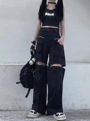 Techwear Gothic Black Cargo Pants Women Streetwear Hollow Out Punk Wide Leg