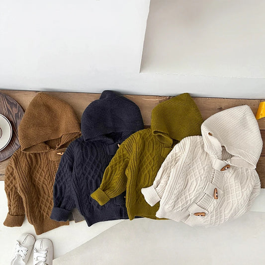 Baby Girls And Boys Solid Hooded Knitted Travel Coat Cotton Long Sleeved Korean Fashion Soft Casual