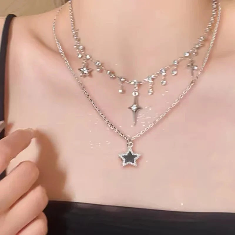 Gothic Black Peach Heart Star Pendant Necklace For Women Men Sliver Color Love Short Choker Punk Y2K Charms Jewelry Accessories
