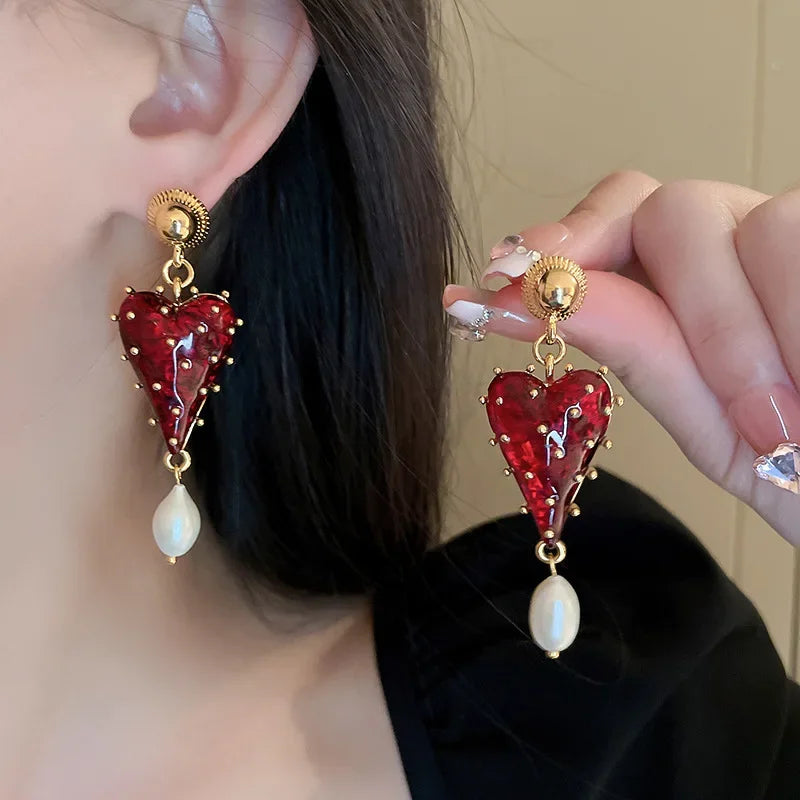 Minar Charming Red Color Resin Love Heart Dangle Earrings for Women Baroque Freshwater Pearl Long Earring Wedding Party Jewelry