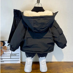 Down Cotton Jacket Boys Black Hooded Coat Children Outerwear Clothing