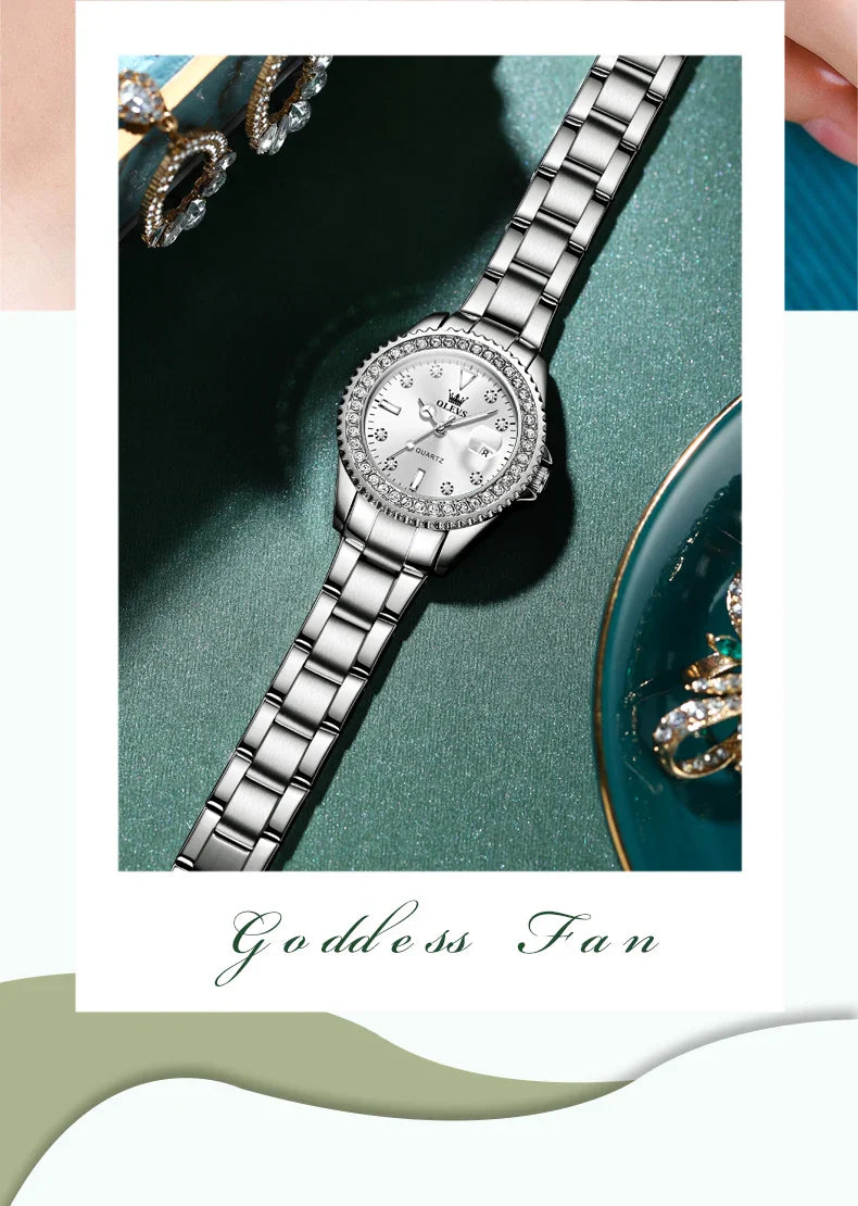 OLEVS Original Diamond Dial Quartz Watch for Women Fashion Elegant Ladies Watches Stainless Steel Waterproof Women's Wristwatch