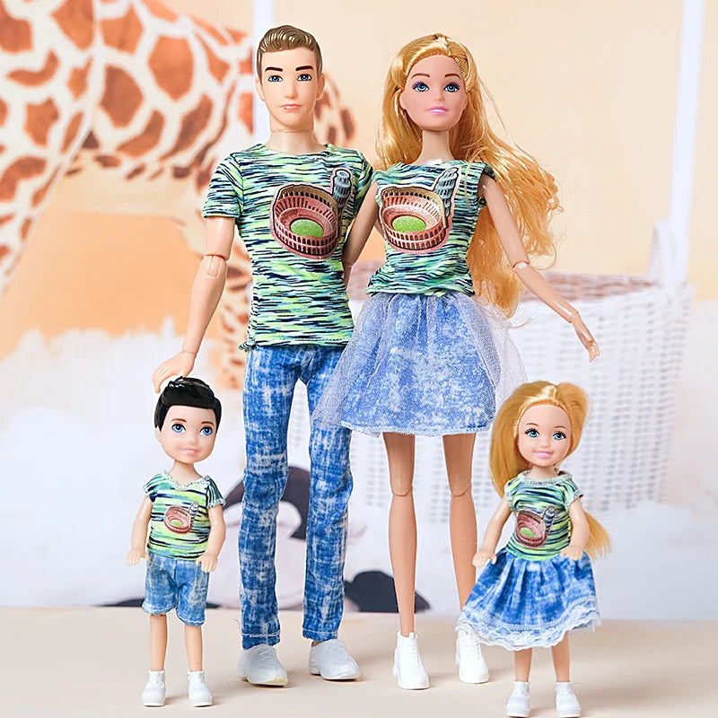 1/6  FamilyDoll Toy Set of 4 People Mom Dad Kids 30cm Barbies Doll Full Set With Clothes for Education Birthday Gift